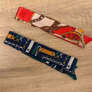 Silk-Style Twilly Scarf Set - Red & Navy